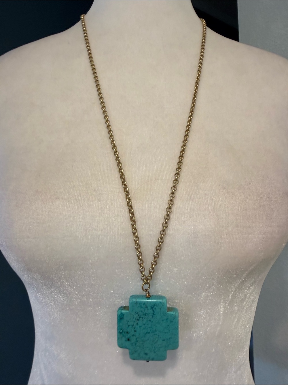 Turquoise Cross Pendant Long Gold Tone Chain Necklace Boho Western Statement